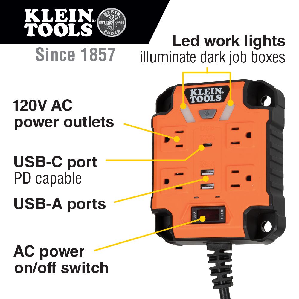 Klein Tools PowerBox 1 Magnetic Mounted Power Strip with Integrated LED Lights from GME Supply