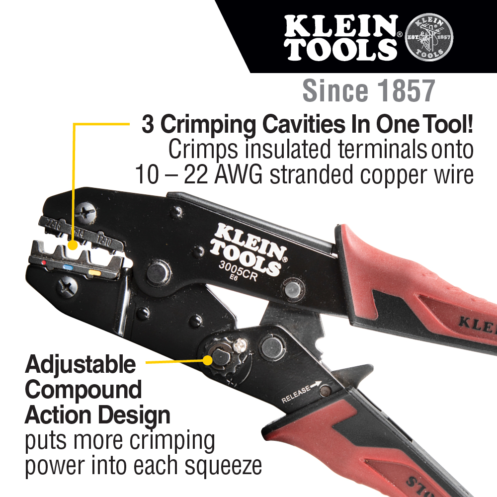 Klein Tools 10-22 AWG Insulated Terminals Ratcheting Crimper from GME Supply