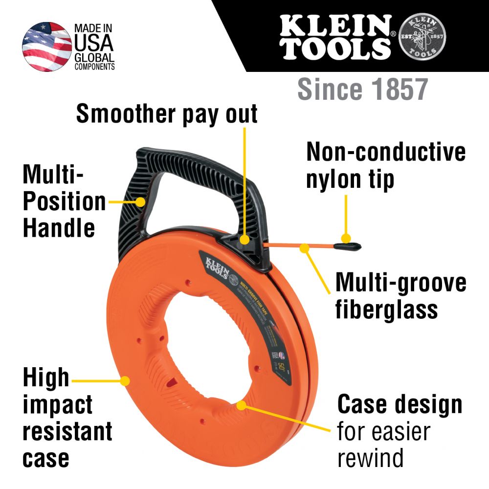 Klein Tools 100 Foot Multi-Groove Fiberglass Fish Tape with Nylon Tip from GME Supply