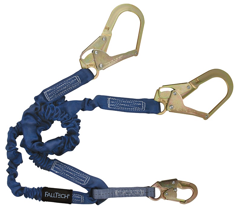 FallTech ElasTech Shock Absorbing Twin Leg Lanyard with Steel Rebar Hooks from GME Supply