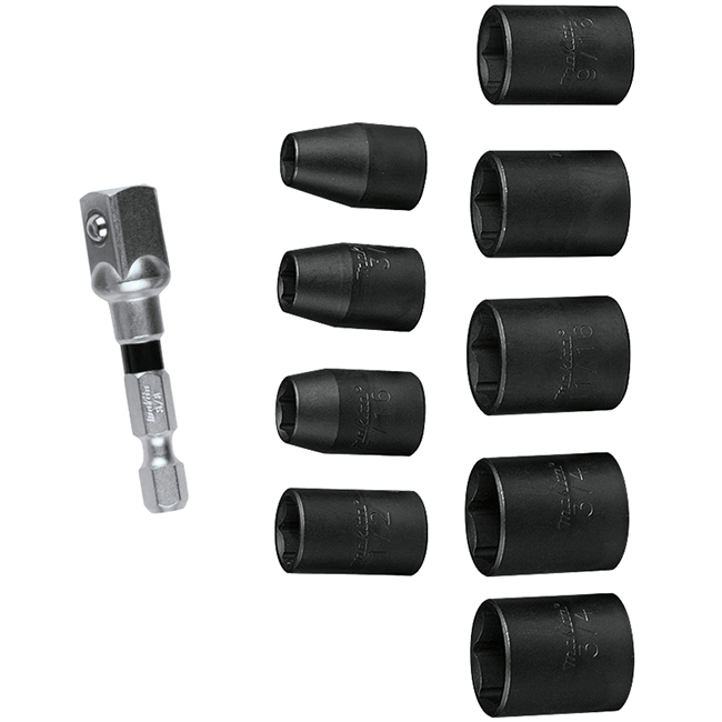 Makita 10 Piece 3/8 Inch Drive SAE Impact Socket Set with Standard Socket Adapter from GME Supply