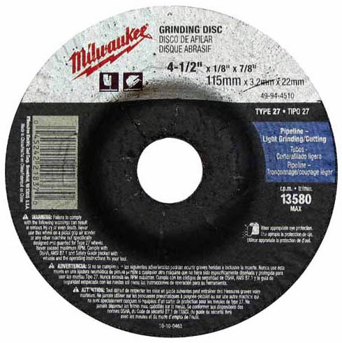 Milwaukee 4-1/2 x 1/4 x 7/8 Inch Grinding Wheel, Type 27 from GME Supply