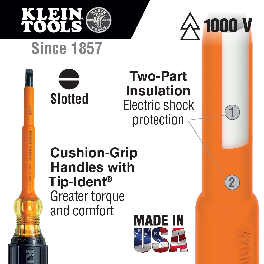 Klein Tools 602-4-INS 1/4 Inch Cabinet Tip Insulated Screwdriver from GME Supply