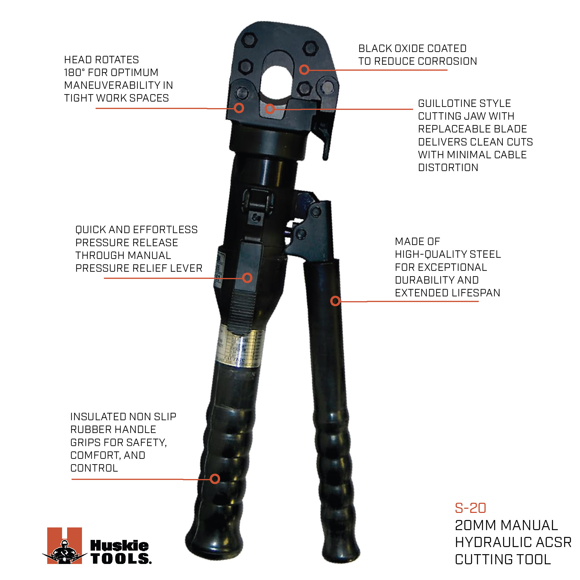 Huskie Tools 20MM Manual Hydraulic Cutter, Flip-Top Guillotine, 0.75 Jaw Opening from GME Supply